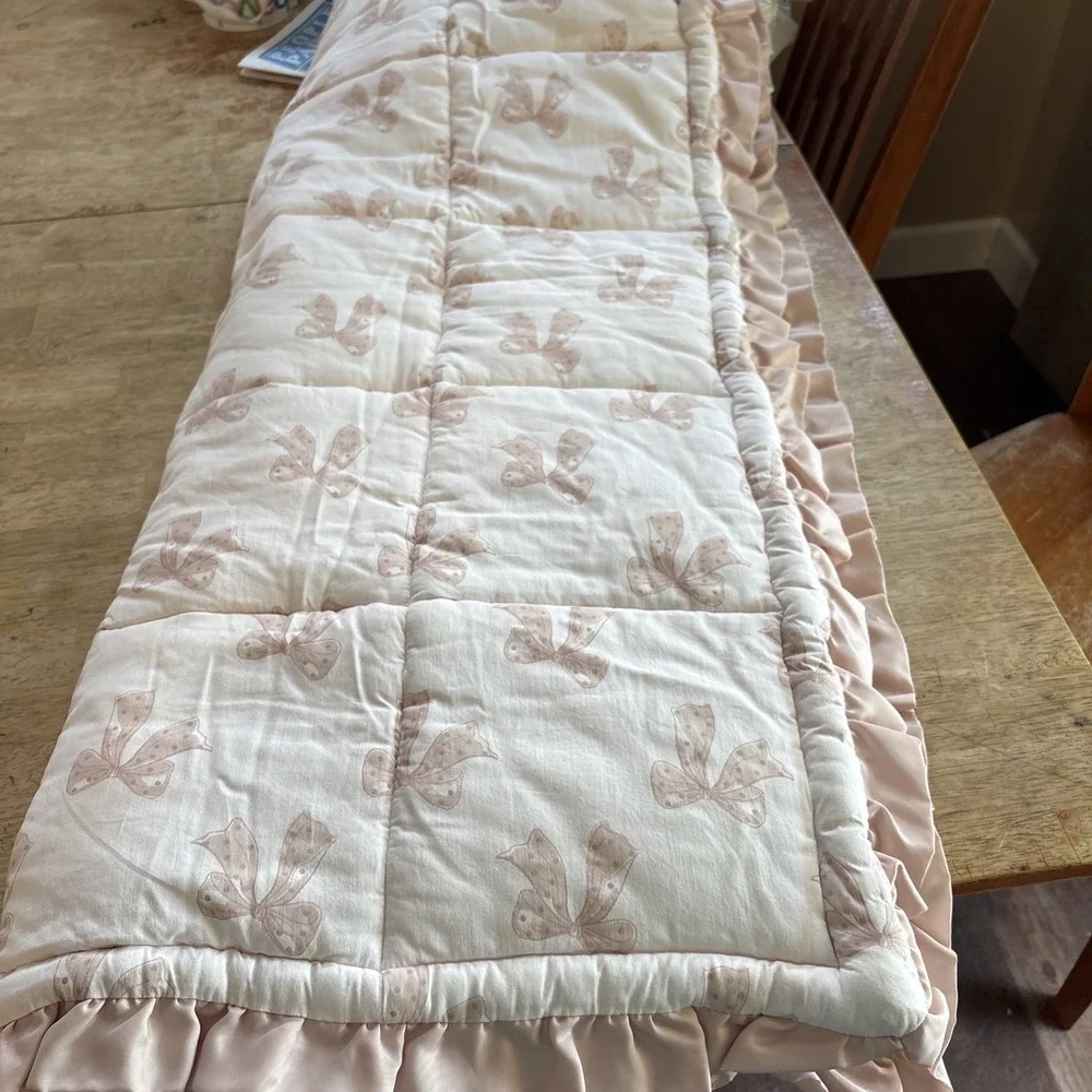 THE PEANUTSHELL Dusty Pink Gold Trim Patchwork Embroidery Lace Ruffle Baby Quilt
